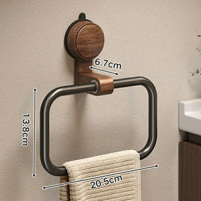 Retro Foldable Walnut Towel Ring Rack 180 Degree Flip No-Drill Suction Cup Aluminum Ring Tower Holder for Bathroom - Black Walnut  /  Black Ring