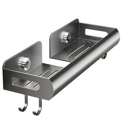 Suction Cup Shower Caddy Shelf 29.5 x 13 x 5.5cm Bathroom Storage Rack No Drill Wall Mount with Hooks - Gunmetal Grey