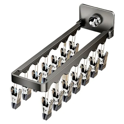 Folding Clothes Drying Rack 14 Clips Suction Cup Wall Mount Invisible Sock Underwear Hanger for Balcony - Gunmetal Grey