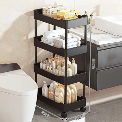 40x20x88cm 4-Tier Rolling Storage Cart Bathroom Gap Storage Rack Drainage Tray Design Mobile Trolley with Wheels - Black