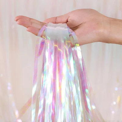 1x2,5 m Holografisk Pompom Gardin i PVC Regnbue Caramel Farve Iriserende Paillet Gardin til Festdekoration - Farverig