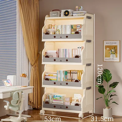رف كتب قابل للطي بحجم كبير مع 4 طبقات وعجلات دوارة صامتة 360° لكتب الأطفال ولعبهم، 53 × 31.5 × 120 سم - أبيض