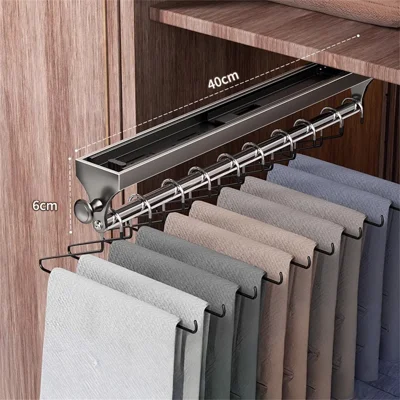 40 cm Udtværlig Tøjstang, Udpullig Buksenhylde i Aluminiumslegering + Rustfrit Stål, Klædeskab Organizer - Gunmetal Grå