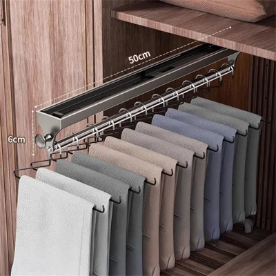50 cm Udpullende Klæderstang Udpullende Buksedisplay i Aluminiumslegering + Rustfrit Stål Klædeskab Organizer - Gunmetal Grå