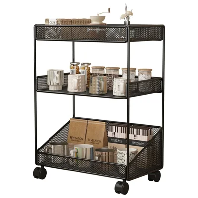 Size L 3-Tier Iron Storage Rack with Wheels Open Mesh Design for Home, 40 x 20 x 57cm - Black