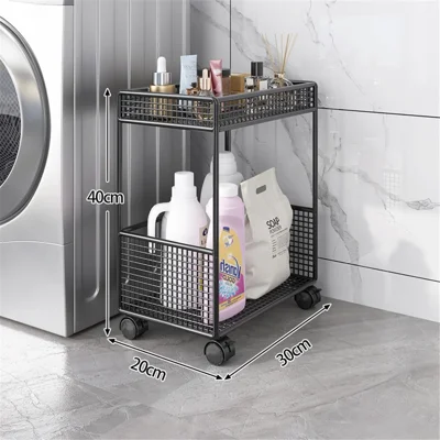 S Size 30 x 20 x 40cm 2-Tier Mobile Storage Rack 360° Wheels Iron Wire Mesh Waterproof Anti-bacterial Organizer Rack - Black