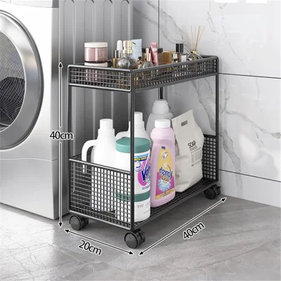 L Size 40 x 20 x 40cm 2-Tier Mobile Storage Rack 360° Wheels Iron Wire Mesh Waterproof Anti-bacterial Organizer Rack - Black