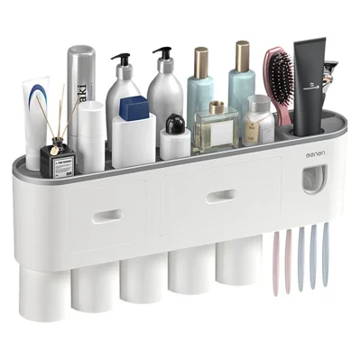 MENGNI Banheiros Montado na Parede 5 Copos Suporte para Escovas de Dentes com Dispensador de Pasta de Dentes, 5 Slots para Escova, 2 Gavetas - Cinza