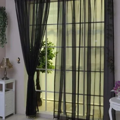 1m x 2m Solid Color Semi Sheer Voile Curtains for Bedroom Living Room - Black