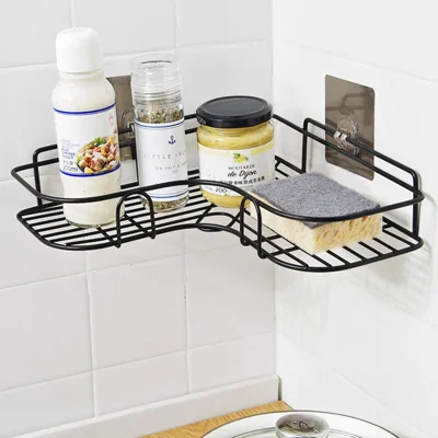 Bathroom Shelf Large Size Wall Mounted Corner Storage Rack No Drilling Triangle Makeup Organizer - Black