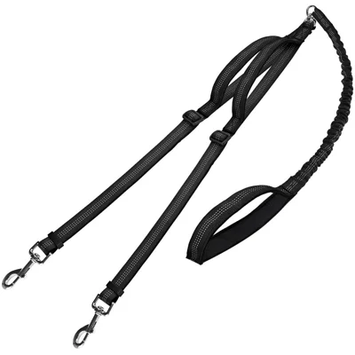 140-200cm Adjustable Length Nylon Reflective Dog Leash Dual Headed Pet Lead Gift for 2 Dogs - Black