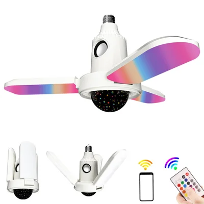 Small Star Projector Lamp E27 Three-Leaf Folding RGB Color Changing Ceiling Light Bluetooth-compatible Speaker with Remote Control