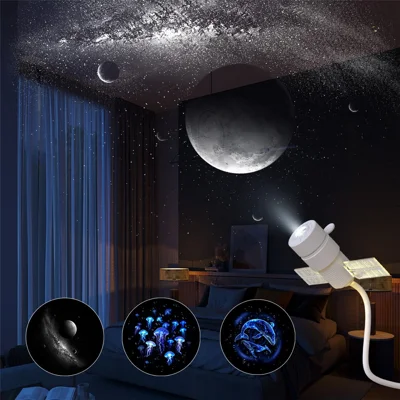 Lampe Projecteur Satellite avec 3 Films de Projection, Bras Flexible à 360°, Lampe de Nuit Étoilée USB pour Chambre - Blanc