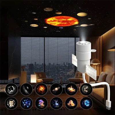 Lampe Projecteur Satellite avec 12 Films de Projection, Bras Flexible 360°, Lampe de Nuit Ciel Étoilé USB - Blanc