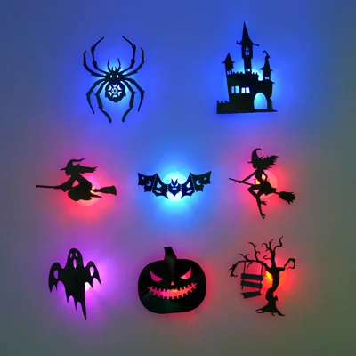 8-teiliges Set, 3D-Hollow-Halloween-Nachtlicht aus PET, selbstklebende LED-Wandtattoos für Wand, Tür, Schrank – Schwarz