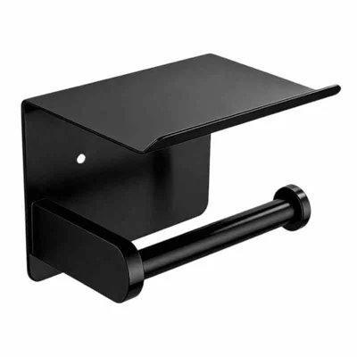 304 Stainless Steel Toilet Paper Holder with Phone Shelf Punch-Free / Drilling Mount Roll Paper Rack for Bathroom - Black