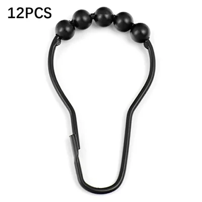 12Pcs Gourd Shaped Ring Stainless Steel 5-Beads Roller Ball Shower Curtain Hook - Black