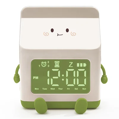 Milk Box Shape Clock with Snooze Kids LED Smart Clock Rechargeable Alarm Clock for Bedroom Room - Green