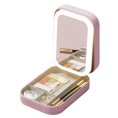 Cosmetic Mirror Case LED Makeup Mirror Storage Case with Light-Filling Portable Makeup Box Bag - Pink
