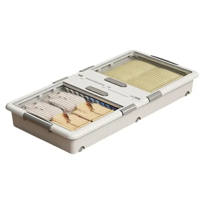 Under Bed Clothes Bedding PP Storage Box Foldable Double-Sided Lid Dustproof Organizer with Wheels, 100x50x13.5cm - White