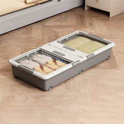 Under Bed Clothes Bedding PP Storage Box Foldable Double-Sided Lid Dustproof Organizer with Wheels, 100x50x16.5cm - Grey