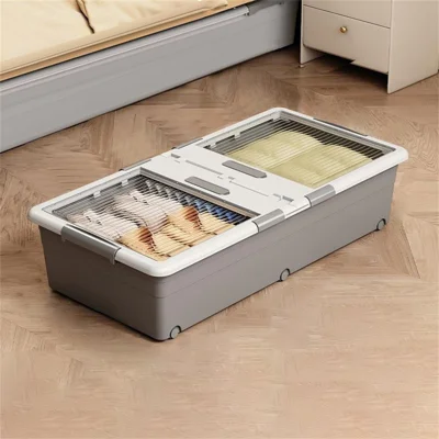 Under Bed Clothes Bedding PP Storage Box Foldable Double-Sided Lid Dustproof Organizer with Wheels, 100x50x20cm - Grey