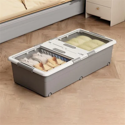 Under Bed Clothes Bedding PP Storage Box Foldable Double-Sided Lid Dustproof Organizer with Wheels, 100x50x23.5cm - Grey