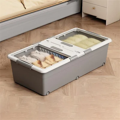 Under Bed Clothes Bedding PP Storage Box Foldable Double-Sided Lid Dustproof Organizer with Wheels, 100x50x28.5cm - Grey