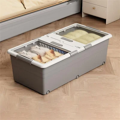 Under Bed Clothes Bedding PP Storage Box Foldable Double-Sided Lid Dustproof Organizer with Wheels, 100x50x32.5cm - Grey