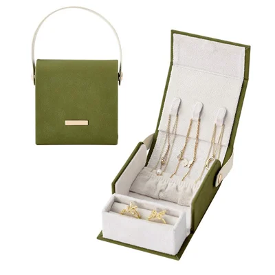 SP01344 Portable Jewelry Storage Box Ring Necklace Organizer Leather Case - Green / Long Handle