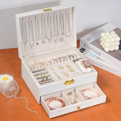 Dual Layer Jewelry Organizer Box with Drawer Large Capacity Lockable PU Leather Storage Case for Necklaces Bracelets Earrings - White