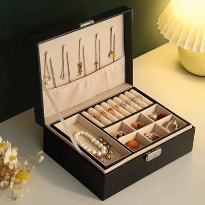 Double Layer Jewelry Box PU Leather Organizer with Lock for Earrings Rings Necklaces Bracelets Storage Case - Black