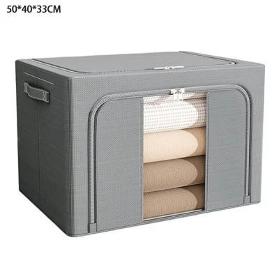 66L 50 x 40 x 33CM Oxford Fabric Storage Box with Window Foldable Organizer for Clothes Toys Books - Dark Grey