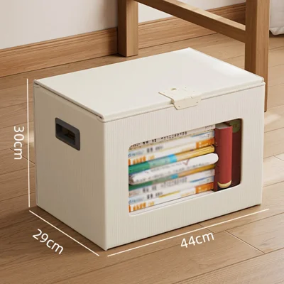 Size L 44 x 29 x 30cm Storage Box with Lockable Lid Transparent Window Plastic Foldable Organizer Container - Beige
