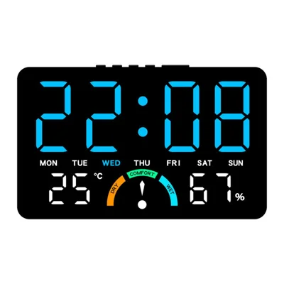 GH9007 Horloge électronique numérique à grand écran LED, réveil multifonction avec thermomètre et hygromètre - Coque noire + lumière bleue