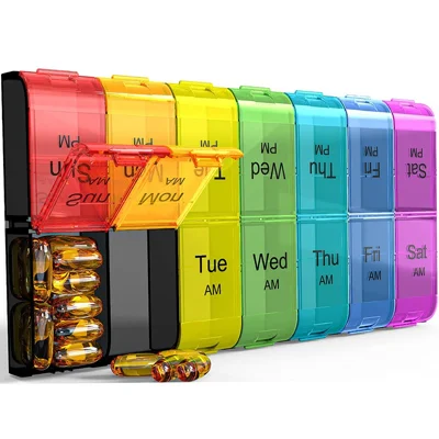 A-271 Large Weekly Pill Organizer 14 Compartments 7 Day Food Grade Medicine Box (BPA Free, FDA/FMC Certified) - Transparent Colorful