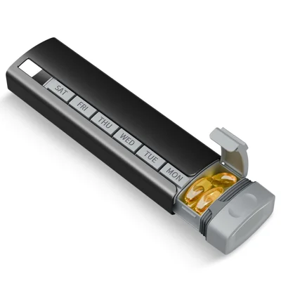A-174 Tragbarer 7-Tage-Pillenorganizer aus Aluminiumlegierung + lebensmittelechtem PP, wöchentliche Medikamentenbox (BPA-frei, FDA/FMC-zertifiziert) - Schwarz