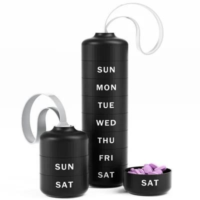 A-175 7-Day Weekly Pill Organizer Box Stackable Mini Travel Medicine Storage Case (BPA Free, FDA/FMC Certified) - Black