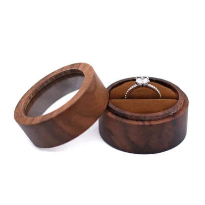 Round Wooden Ring Box with Clear Window Lid Velvet Lined Jewelry Storage Case for Wedding Proposal - W1  /  Single Brown