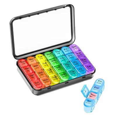 A-470 Weekly Pill Organizer 7-Day 28 Compartments Large Capacity Portable Medicine Box (FDA/FMC Certified, BPA Free) - Transparent Black