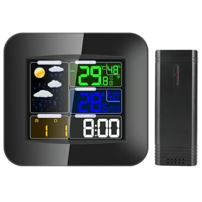 Station météo sans fil TS-75-US - Thermomètre et hygromètre intérieur et extérieur avec écran LCD couleur, horloge numérique de bureau - Noir