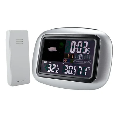Station météo sans fil couleur TS-77 - Thermomètre et hygromètre intérieur/extérieur, horloge alarme, 3 capteurs, horloges de surveillance météorologique - Argent