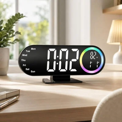 RGB Mirror LED Digital Alarm Clock Large Display Multi-Color Ambient Light Temperature Desk Clock for Bedroom Office - White Light