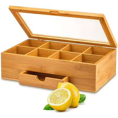 Acrylic Clear Lid Bamboo Tea Box 8 Compartments Storage Organizer with Drawer for Tea Bags - Bamboo Color
