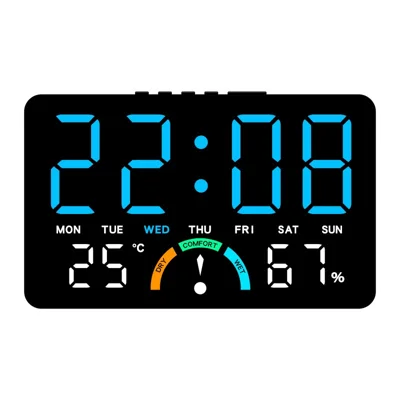 Horloge numérique LED GH9007 avec affichage de température et d'humidité, grand écran, horloge alarme murale ou de bureau - Coque noire, lumière bleue