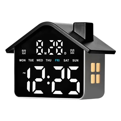 Réveil numérique LED en forme de maison, horloge électronique multifonction, horloge de bureau avec veilleuse - GH9033 Lumière noire + blanche