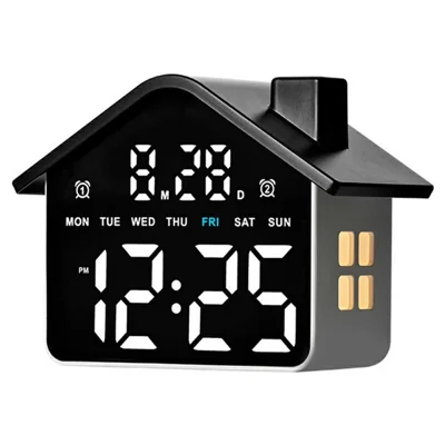 House Shaped LED Digital Alarm Clock with Night Light Dual Alarms 4-Level Brightness Bedside Clock - GH9033 Black  /  White Light