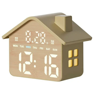 House Shaped Digital Alarm Clock LED Night Light Dual Alarm 4-Level Brightness Bedside Table Clock - GH8063  /  Yellow