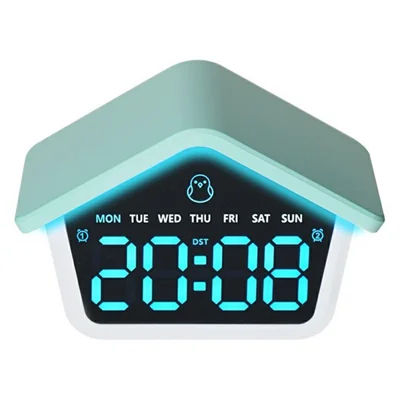 House-Shaped Cuckoo Digital Alarm Clock LED 8-Color Night Light Dual Alarm Snooze Silent Clock - 6698  /  Blue