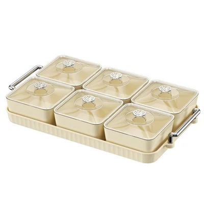 Bandeja para aperitivos de 6 compartimentos de PET con tapa, caja de almacenamiento de alimentos hermética, recipiente para frutas y caramelos (sin BPA, sin FDA) - Blanco crema